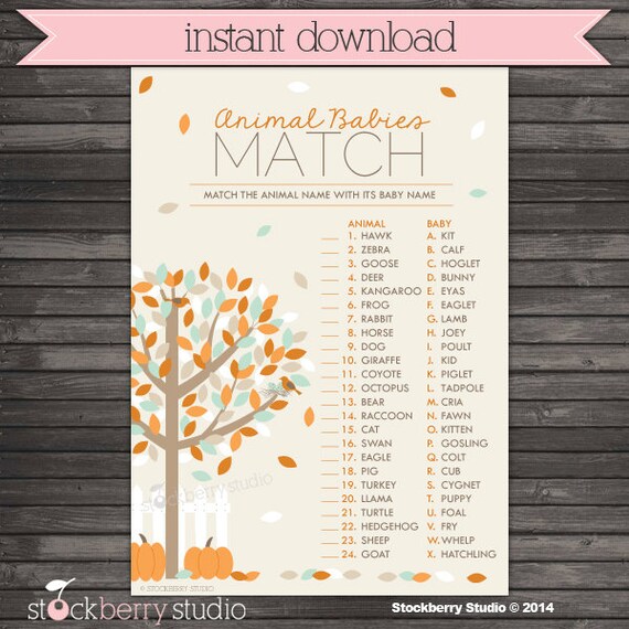 Fall Baby Shower Animal Match Game Printable - Instant Download - Pumpkin Baby Shower Game - Autumn Baby Shower Activities Il_570xn