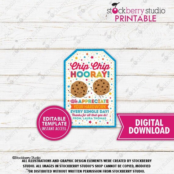 Chip Chip Hooray Gift Tag Teacher Appreciation Cookie Thank You Tag Cookies Label Favor Tag Editable Coworker Employee Staff Nurse Gift Il_570xn