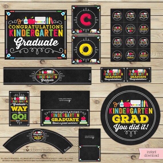 Kindergarten Graduation Party Decorations - End of School Year Party Decor - Graduation Banner - Graduation Cupcake Toppers - Party Favors Il_570xn