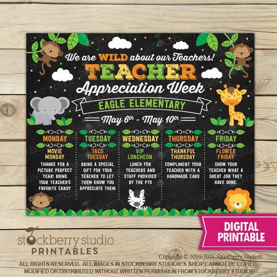 Jungle Safari Teacher Appreciation Week Itinerary Poster - Zoo Teacher Appreciation Week - Staff Appreciation Week Schedule Events Printable Il_570xn