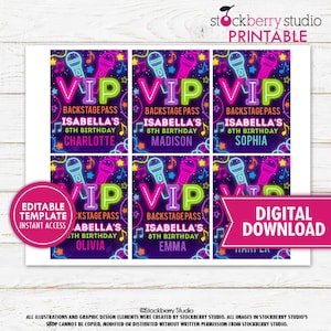 May include: Eight printable VIP backstage passes with a neon pink, green, and blue design. The passes feature a microphone graphic and the text "Backstage Pass Isabella's 8th Birthday" with a different name on each pass.