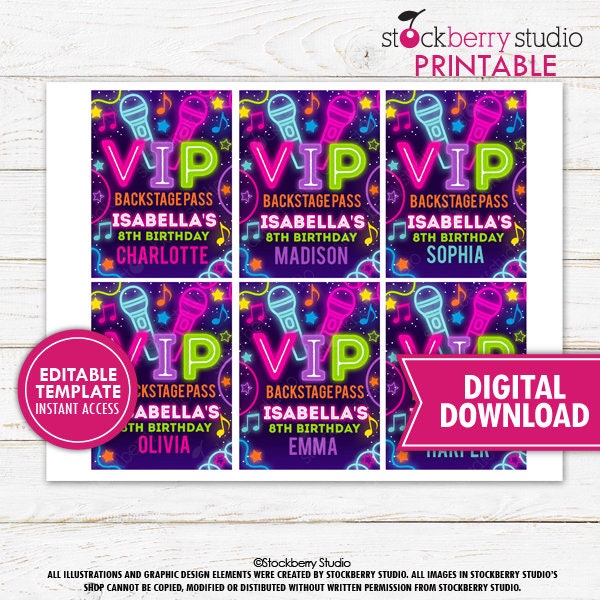 Vip Backstage Sign Pop Star Birthday VIP Backstage Pass Printable Girls Rainbow Neon Glow ...