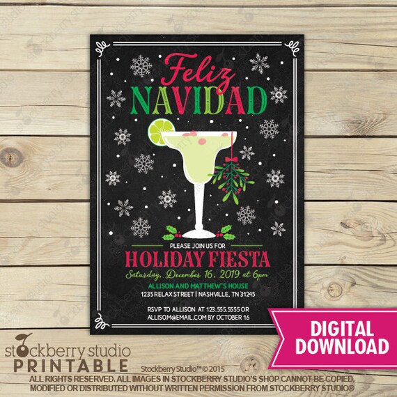 Holiday Fiesta Invitation - Margaritas and Mistletoe Invitation - Feliz Navidad Party Invitation - Christmas Party - Holiday Party Invite Il_570xn