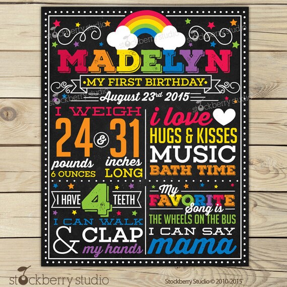 Rainbow 1st Birthday Chalkboard Poster Printable - Rainbow First Birthday Chalkboard Sign - Girl 1st Birthday Photo Props - Birthday Board Il_570xn