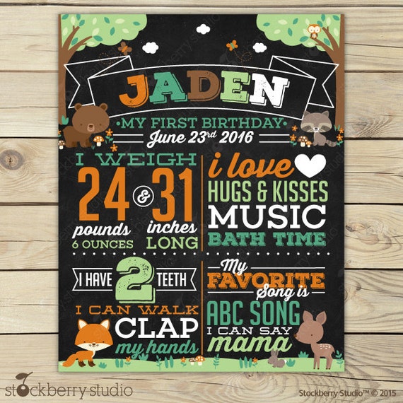 Woodland 1st Birthday Chalkboard Poster Printable - Woodland First Birthday Chalkboard - Woodland First Birthday Board - Woodland Birthday Il_570xn