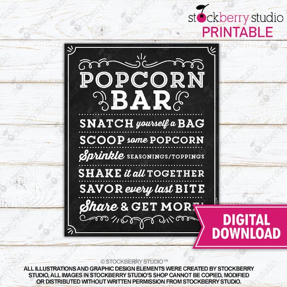 Popcorn Bar Sign Printable Popcorn Sign Digital Download Popcorn Bar Wedding Sign Popcorn Table Sign Popcorn Station Il_570xn
