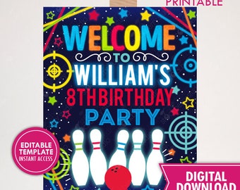 Laser Tag Bowling Birthday Party Welcome Sign Printable Neon Glow Welcome Signs Laser Party Boy Birthday Decor Digital Editable Template