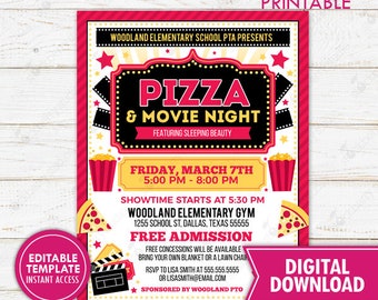 Pizza and Movie Night Flyer Printable Church School Fundraiser Event Invitation PTO PTA Cinema Party Instant Download Editable Template