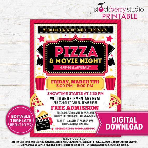 Pizza and Movie Night Flyer Printable Church School Fundraiser Event Invitation PTO PTA Cinema Party Instant Download Editable Template Il_570xn