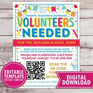 PTO PTA School Volunteer Recruitment Meeting Flyer Membership Poster Parent Teacher Group Handout Form Printable Editable Template