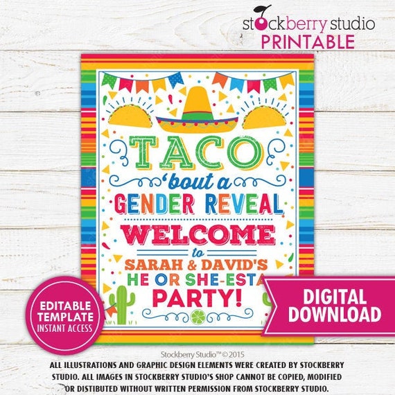 Taco Bout A Gender Reveal Welcome Sign Fiesta He or She-esta Fiesta Decorations Mexican Themed Decor Printable Editable Instant Download Il_570xn