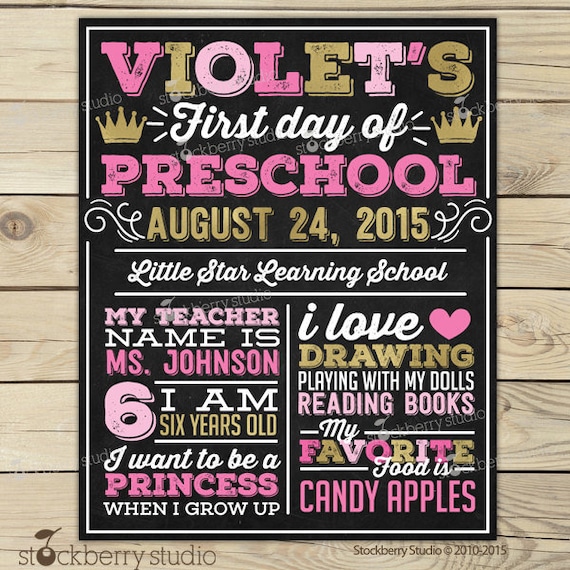 Girl 1st Day of School Sign Pink and Gold First Day of School Chalkboard Back to School Sign Princess 1st Day of Preschool Sign Printable Il_570xn