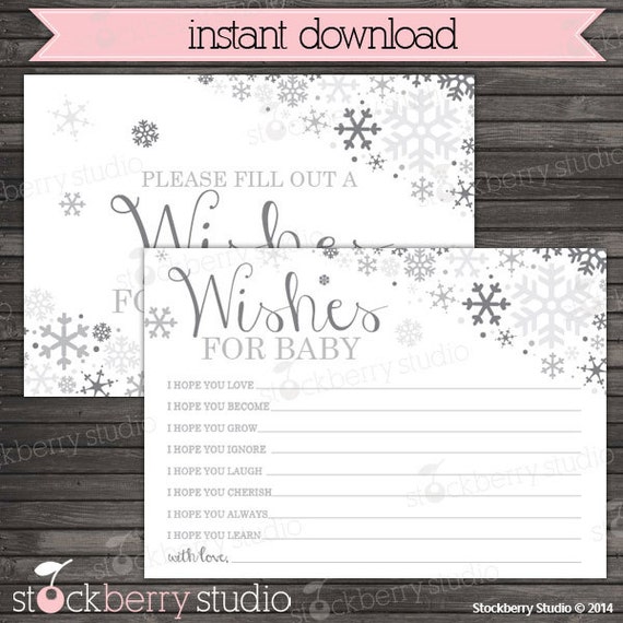 Winter Baby Shower Wishes for Baby Card - Gray Winter Wonderland Baby Shower Advice Card - Instant Download - Silver Snowflake Baby Games Il_570xn