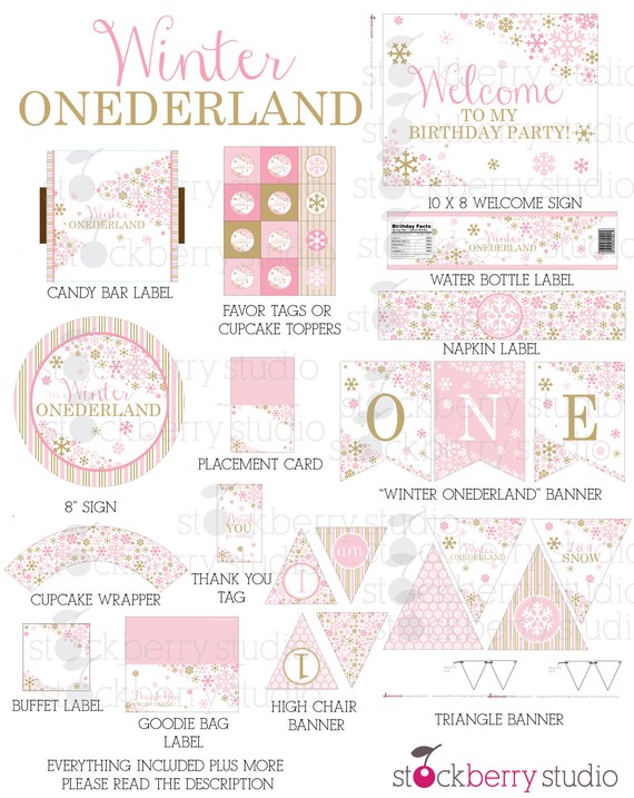 Girl Winter Onederland Birthday Party Decorations Printable - Instant Download - Pink and Gold Winter Wonderland Party Decor 1st Birthday Il_570xn