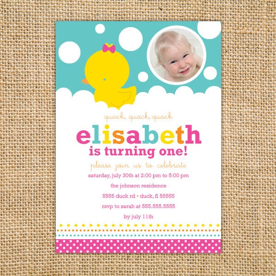 Girl Rubber Ducky Birthday Invitation Printable - Girl First Birthday Party Invites - Rubber Duck - Blue Pink Girl 1st Birthday Invite Il_570xn