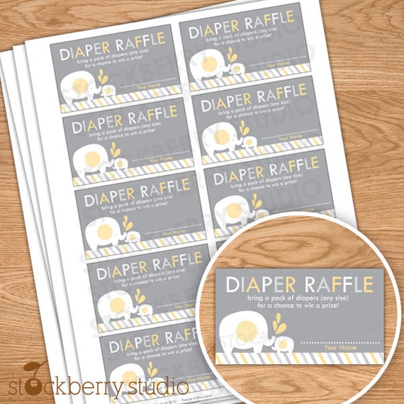 Elephant Baby Shower Diaper Raffle Tickets - Instant Download - Diaper Raffle Card - Yellow and Gray Baby Shower Games - Neutral Baby Shower Il_570xn