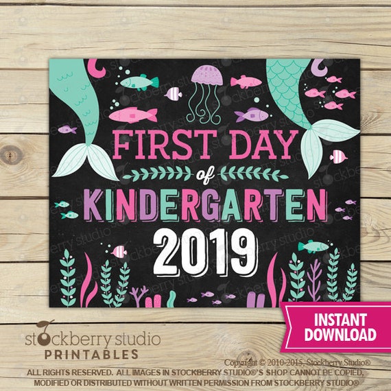 Mermaid First Day of Kindergarten Sign Instant Download - Girl First Day of Kindergarten Sign Printable - First Day of School Sign Il_570xn