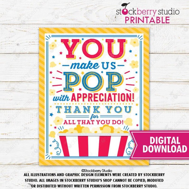 Popcorn Thank You Sign Printable Teacher Appreciation Volunteer Coworker Employee Staff Nurse School PTO PTA Instant Download image 1