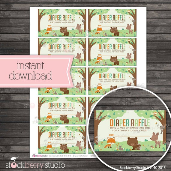 Woodland Baby Shower Diaper Raffle Tickets Printable - Instant Download - Neutral Baby Shower Diaper Raffle Cards - Fox Invitation Inserts Il_570xn