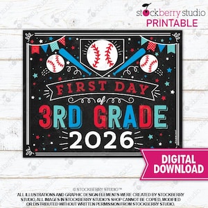 Baseball First Day of 3rd Grade Sign Boy 1st Day Sports Third Grade Back to School Chalkboard Printable Photo Props Instant Download