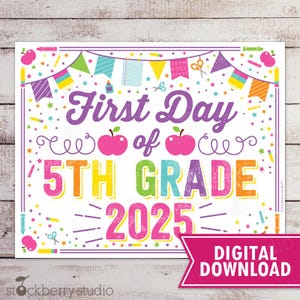 Girl First Day of 5th Grade Sign Printable Back to School Poster 1st Day of School Instant Download First Day of School Fifth Grade Sign
