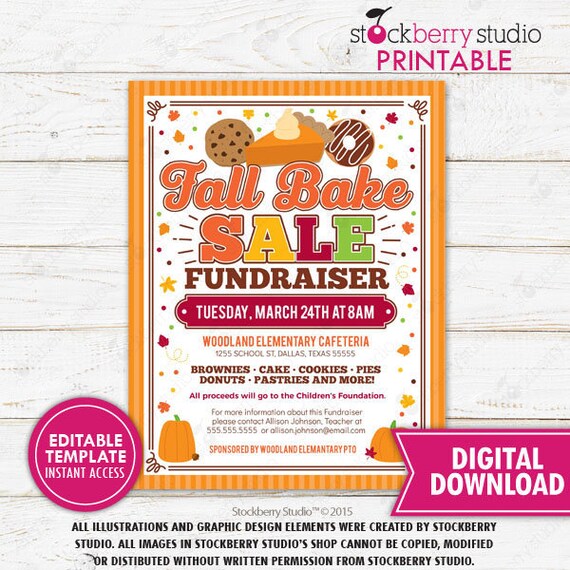 Fall Bake Sale Flyer Printable Fall Bakery Autumn Harvest Invitation Template Benefit Dinner PTA PTO School Event Church Editable Download Il_570xn