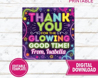 Glow Party Tag Printable Girl Neon in the Dark Glow Gift Tag Rainbow Girls Teen Birthday Digital Instant Download Editable Template