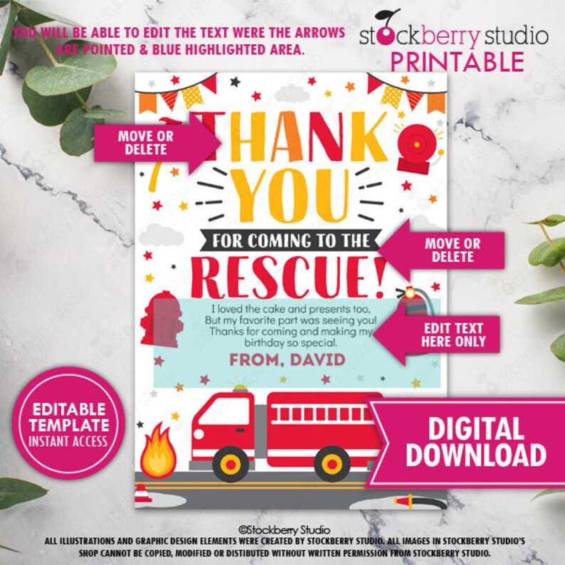 Firetruck Birthday Party Thank You Card Printable Fire truck Thank You Note Card Printed Firefighter Fireman Theme Digital Editable Template image 2