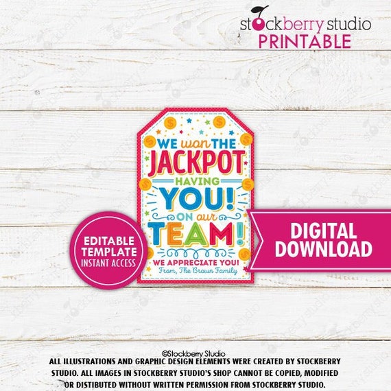 Lottery Gift Tag Printable We Won the Jackpot Lotto Tags Team Appreciation Teacher Coworker Staff Employee Thank you School PTO PTA Il_570xn