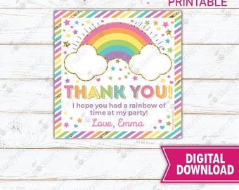 May include: A colorful printable thank you card with a rainbow, clouds, and stars. The card says "THANK YOU!" and "I hope you had a rainbow of time at my party! Love, Emma."