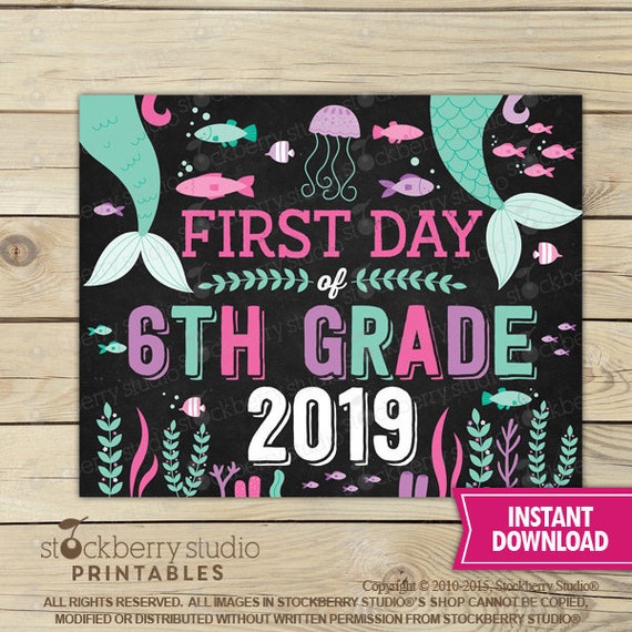 Mermaid First Day of 6th Grade Sign Instant Download - Girl First Day of 6th Grade Sign Printable - First Day of School Sign Back to School Il_570xn