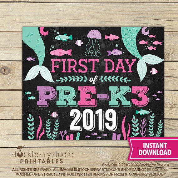 Mermaid First Day of Pre K3 Sign Instant Download - Girl First Day of Pre-K 3 Sign Printable - First Day of School - first day of Prek3 sign Il_570xn