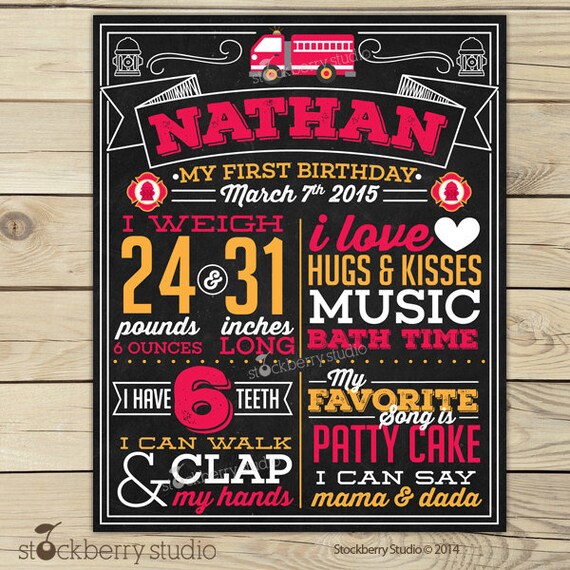 Firetruck 1st Birthday Chalkboard Sign Printable First Birthday Milestone Poster Board Fire Truck Birthday Il_570xn