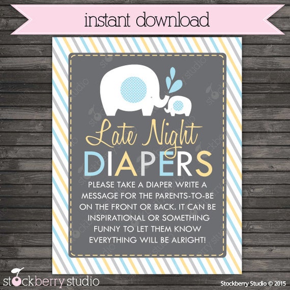 Elephant Baby Shower Late Night Diaper Game Printable - Diaper Thoughts Message Game - Instant Download - Yellow Gray Blue Boy Baby Shower Il_570xn