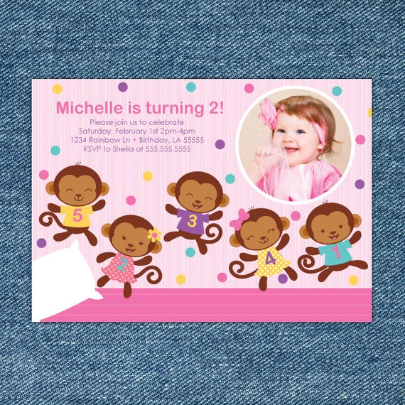 Girl Monkey Birthday Invitation Printable - Five Little Monkeys Jumping On The Bed - Girl 1st Birthday Invite - Jump Party - Pink Birthday Il_570xn
