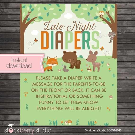 Woodland Baby Shower Late Night Diaper Game Printable - Diaper Thoughts Message Game - Instant Download - Baby Shower Sign - Forest Animals Il_570xn