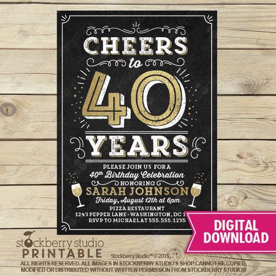 40th Birthday Invitation - 40th Class Reunion - 40th Anniversary Invitation - Gold 40th Birthday Invitation Printable - Cheers to 40 Years Il_570xn