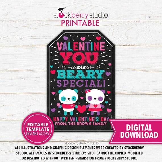 You Are Beary Special - Panda Valentine Gift Tags - Valentine Gummy Bear Tag Printable - Valentine Treat Labels - Kids Classroom Gift Il_570xn