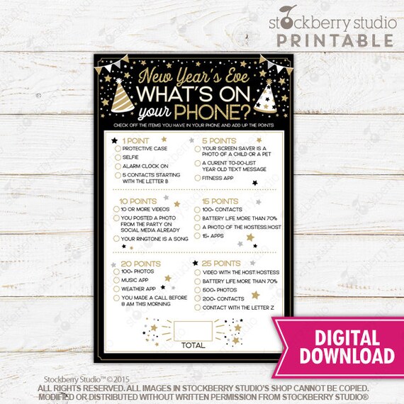 New Years Eve Party Game Printable What's On Your Phone Game New Year's Eve Game NYE Party Games