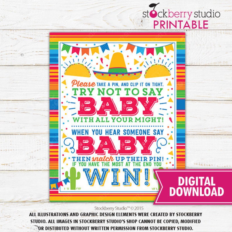 Fiesta Baby Shower Clothespin Game Don't Say Baby Game Sign Taco Bout A Baby Mexican Themed Necklace Game Sign Printable Instant Download image 1