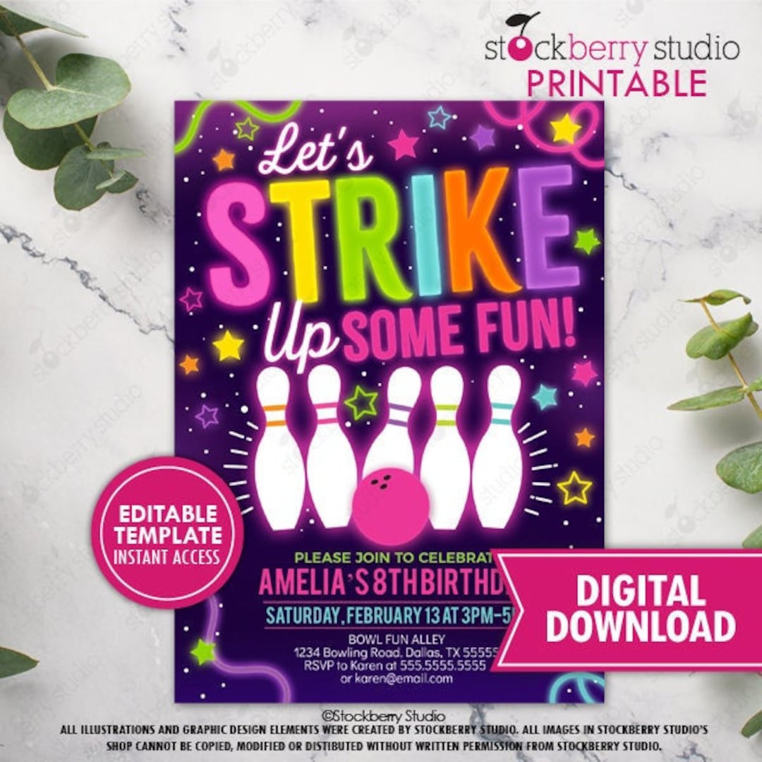 Bowling Birthday Invitation Printable Girl Glow Bowling Party Invite