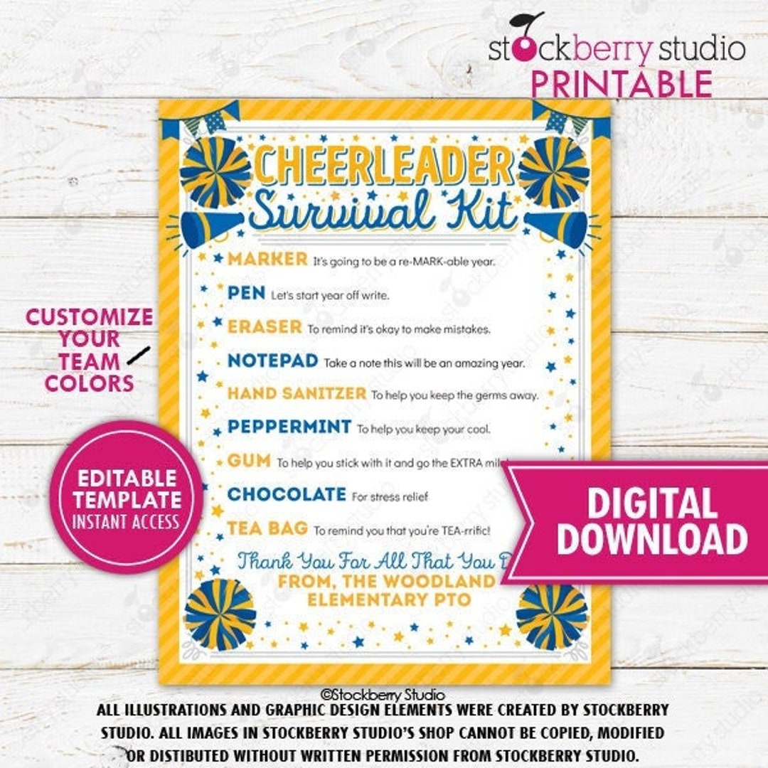 Cheerleader Survival Kit Printable Cheer Team Gift Kids School Idea