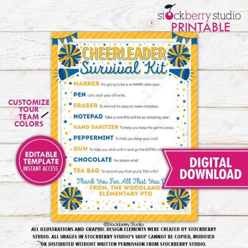 Cheerleader Survival Kit Printable Cheer Team Gift Kids School Etsy