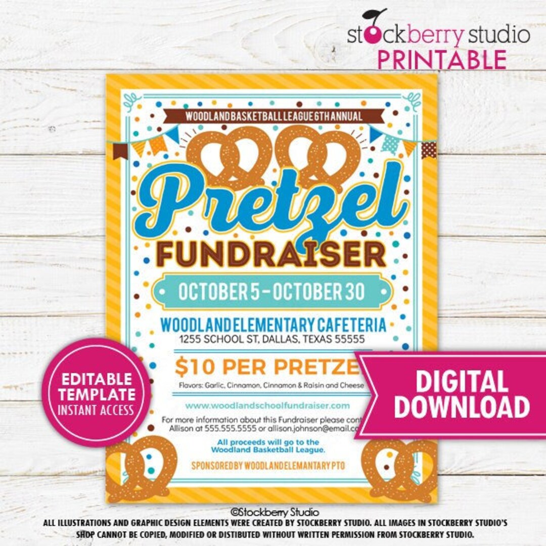 Pretzel Fundraiser Flyer Printable School PTO PTA Community Church Nonprofit Charity Event