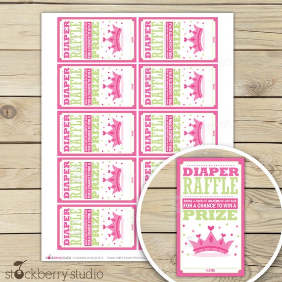 Princess Baby Shower Diaper Raffle Tickets - Pink and Green Diaper Raffle Cards - Instant Download - Girl Baby Shower Games - Insert Cards Il_570xn