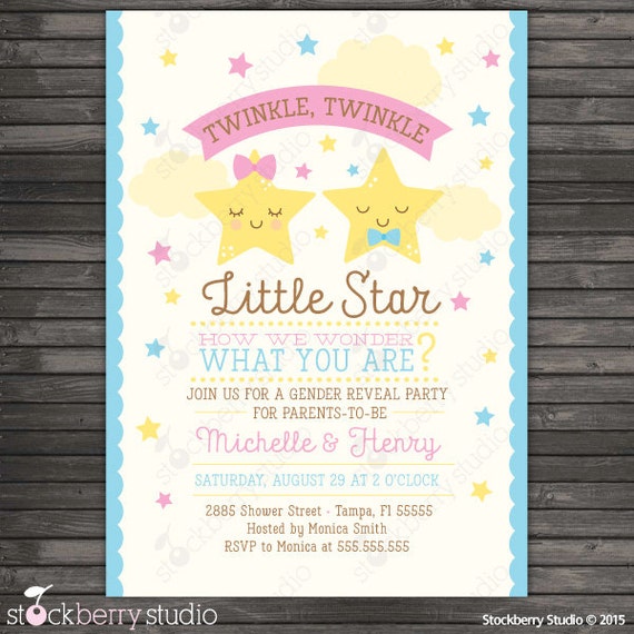 Gender Reveal Party Invitation Printable - Twinkle Twinkle Little Star Baby Shower - Gender Reveal Baby Shower - Pink or Blue Il_570xn
