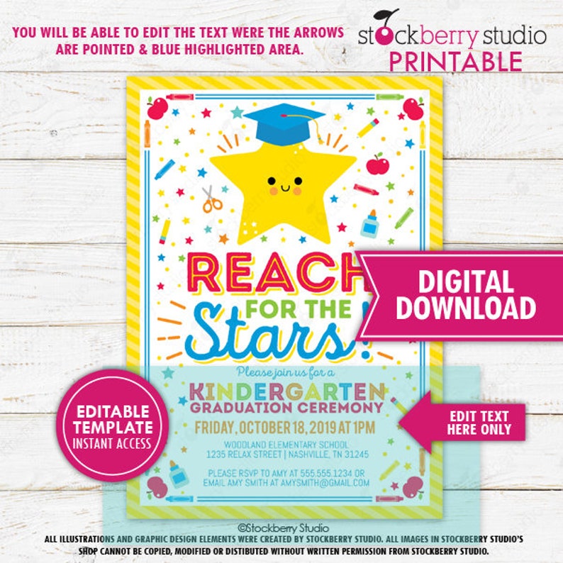 Reach for the Stars Kindergarten Graduation Invitation Preschool Pre K ...