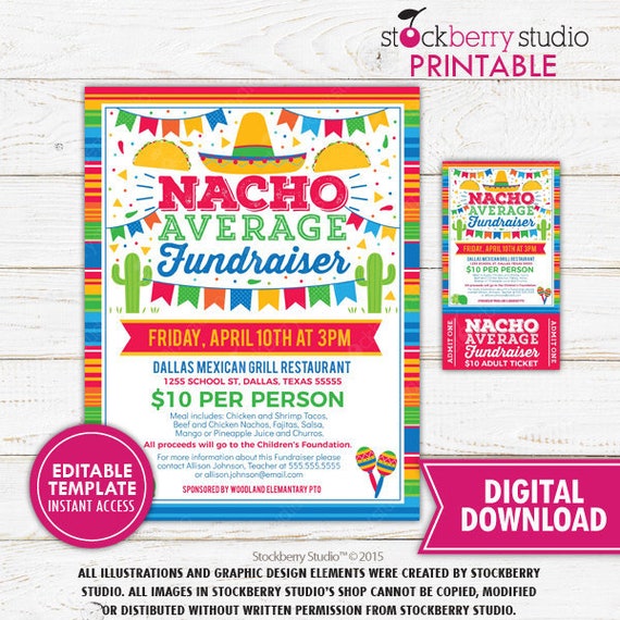 Fiesta Fundraiser Flyer Ticket Nacho Average Taco Charity Benefit Church School PTO PTA Community Event Printable Instant Download Editable Il_570xn