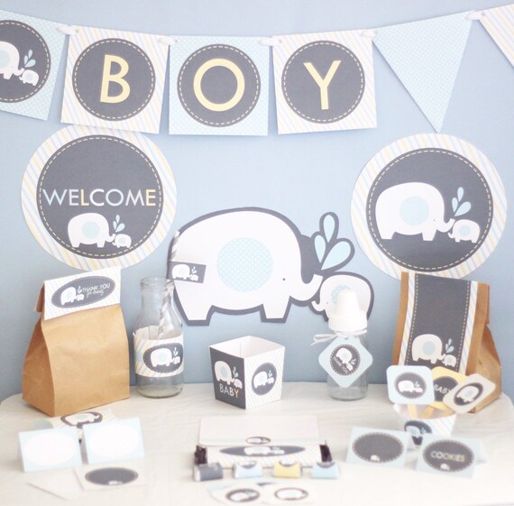Boy Elephant Baby Shower Decorations Printable Blue Yellow Etsy