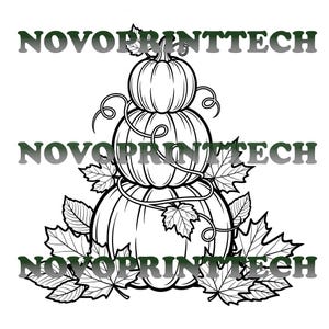 May include: Black and white illustration of three stacked pumpkins with vines and leaves. The text "NOVOPRINTTECH" is repeated across the image. A fall-themed design suitable for seasonal crafts and decor.